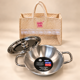 Prestige Triply stainless steel kadai with lid 1.2 litre 9 inch with reusable gift bag on a premium beige studio background