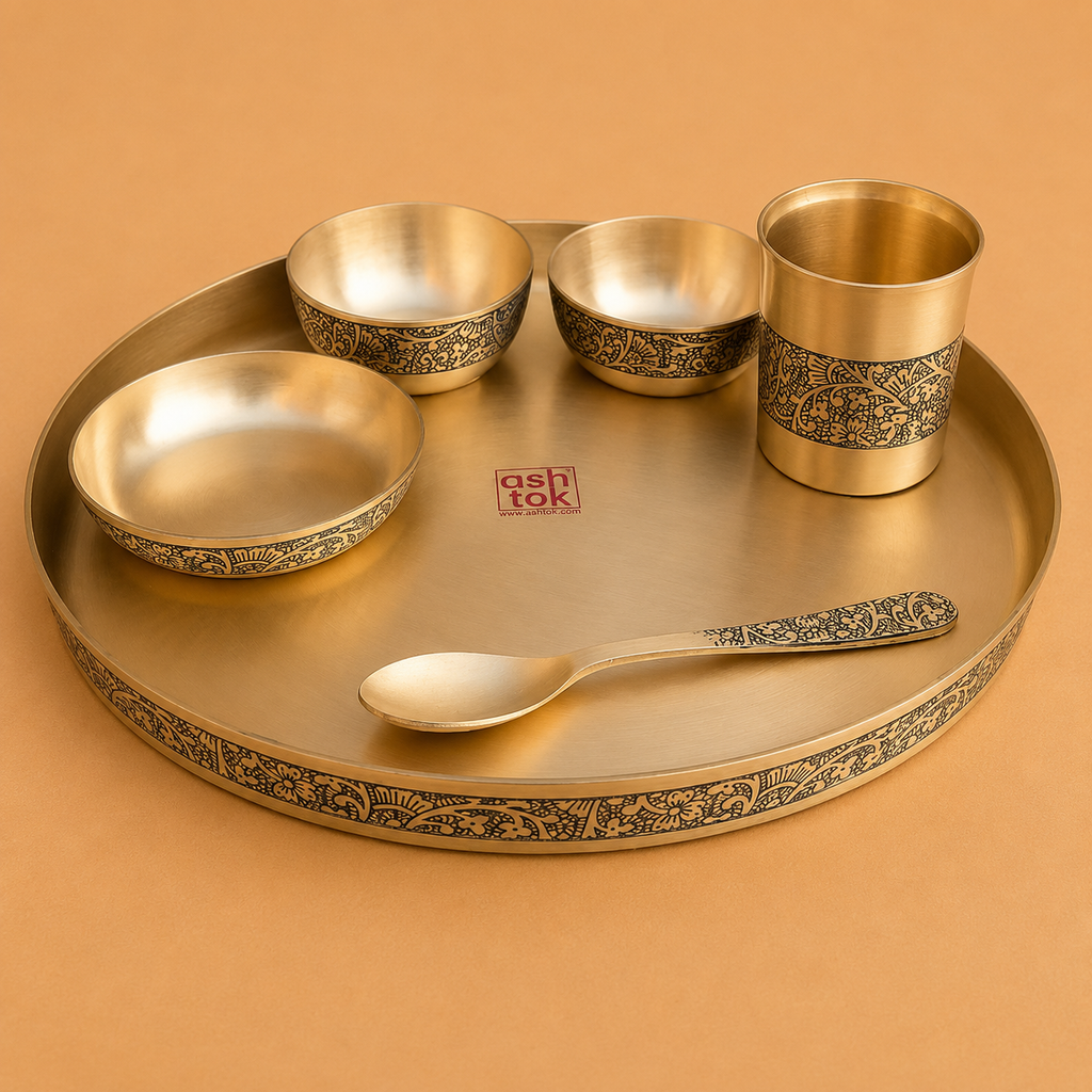 Pure Kansa bronze dinner set featuring elegant etching design, ideal for traditional Indian dining, festive occasions, and premium gifting.