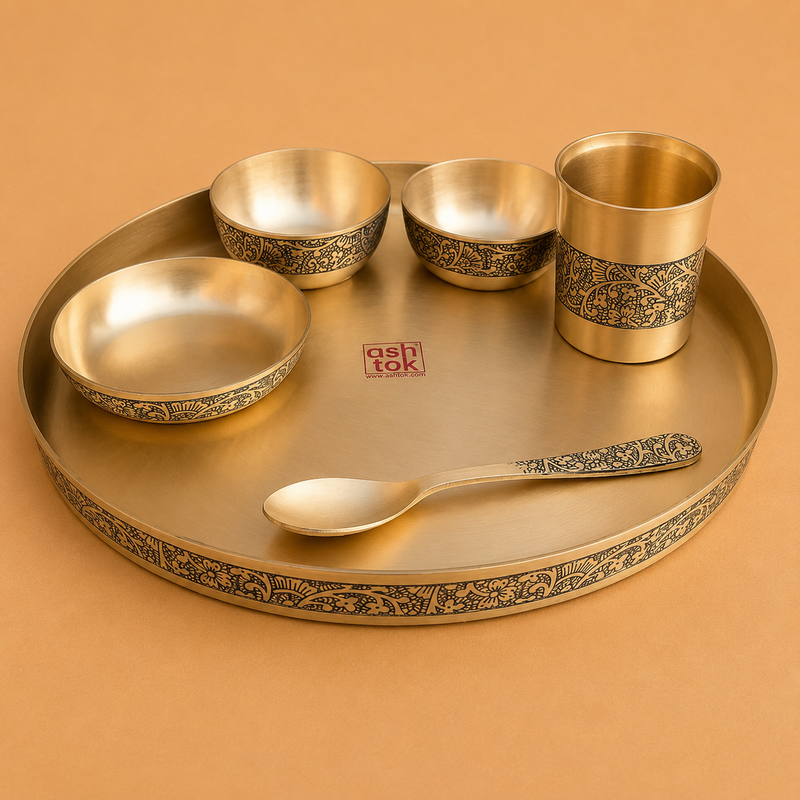 Pure Kansa bronze dinner set featuring elegant etching design, ideal for traditional Indian dining, festive occasions, and premium gifting.