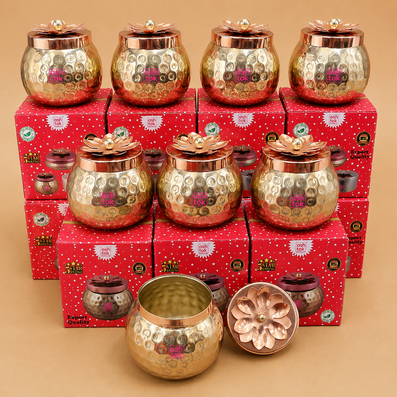 Set of gold-colored decorative jars with red boxes