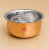 Traditional copper patila with food-grade tin lining, ideal for cooking rice, curries, and authentic Indian recipes.