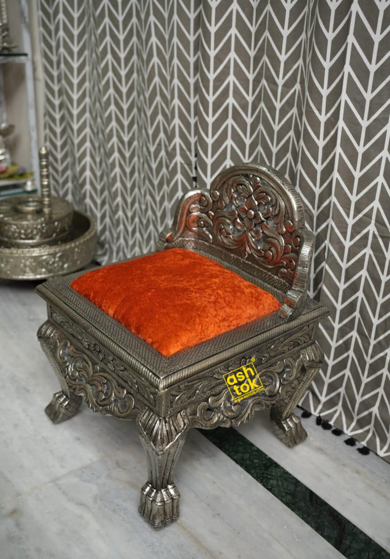 Handcrafted German Silver Chowki with Velvet Cushion – Traditional Pooja Seating