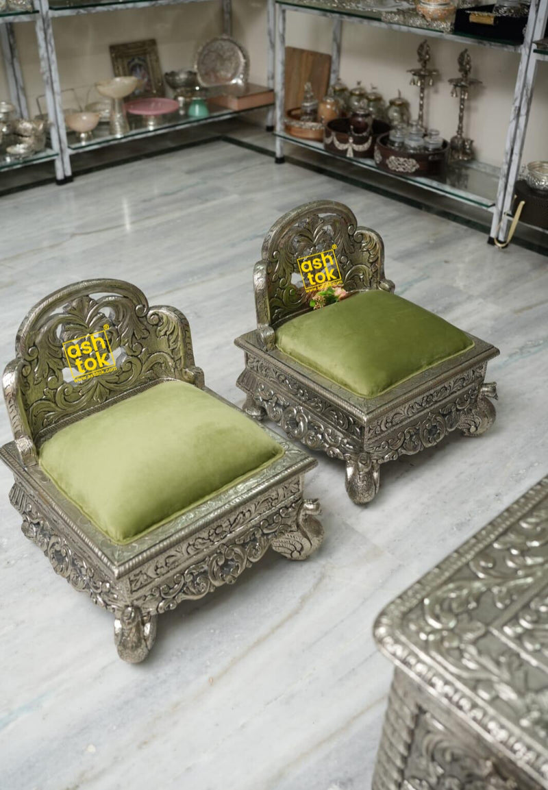 Handcrafted German Silver Chowki with Velvet Cushion – Traditional Pooja Seating