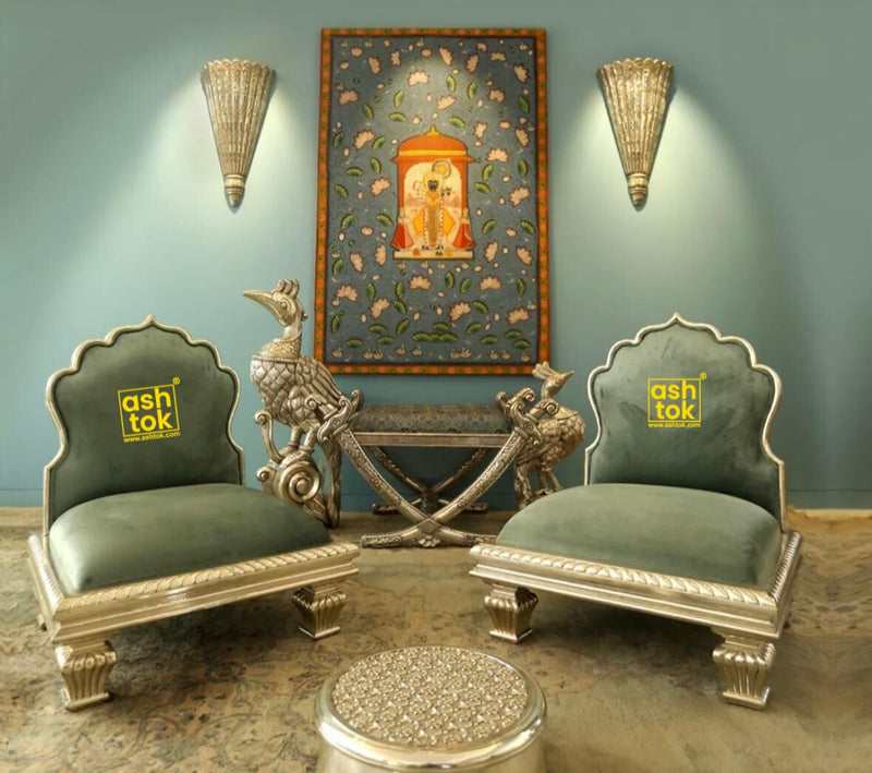 Royal German Silver Chowki Set with Velvet Cushions – Traditional Ceremonial Seating