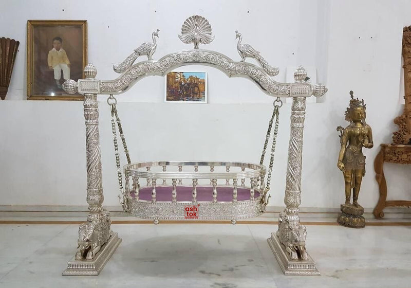 Royal German Silver Baby Cradle with Peacock Design – Traditional Jhula