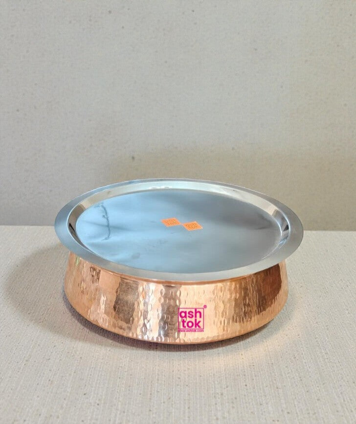 Biryani Handi Copper, Big Copper Biryani Handi Heavy Gauge with Stainless Steel Lid - Tin Coating Kalai Inside Handi