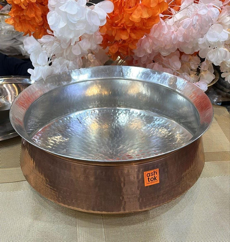 Biryani Handi Copper, Big Copper Biryani Handi Heavy Gauge with Stainless Steel Lid - Tin Coating Kalai Inside Handi