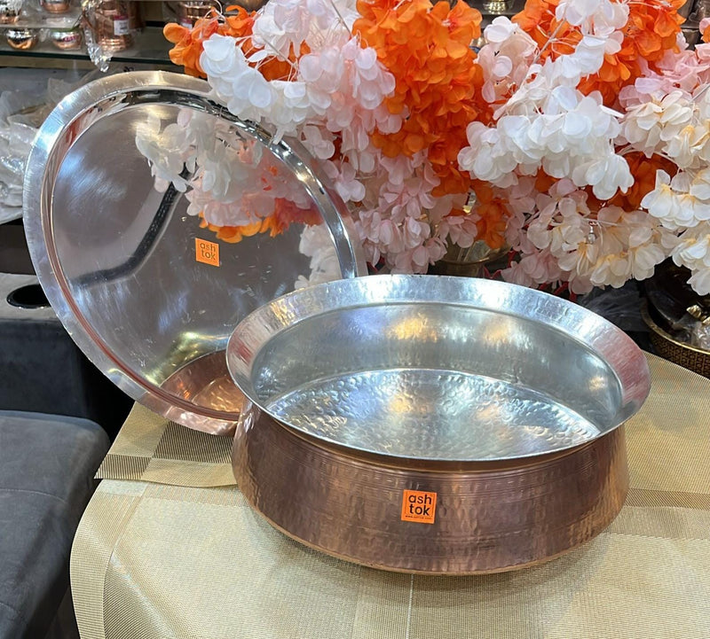 Biryani Handi Copper, Big Copper Biryani Handi Heavy Gauge with Stainless Steel Lid - Tin Coating Kalai Inside Handi