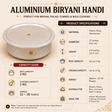 17-inch Aluminium Biryani Handi capacity guide and product specifications infographic featuring heavy-duty aluminium construction, 17-inch diameter, 4.5-inch height, 2 kg rice capacity, 2 kg chicken capacity, and serves approximately 12–18 people. Ideal for biryani, pulao, curries, catering, restaurants, hotels, bulk cooking, functions, and home use.
