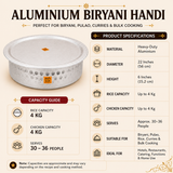 22-inch Aluminium Biryani Handi capacity guide and product specifications infographic featuring heavy-duty aluminium construction, 22-inch diameter, 6-inch height, 4 kg rice capacity, 4 kg chicken capacity, and serves approximately 30–36 people. Suitable for biryani, pulao, curries, catering, restaurants, hotels, bulk cooking, functions, and home use.