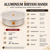 24-inch Aluminium Biryani Handi capacity guide and product specifications infographic featuring heavy-duty aluminium construction, 24-inch diameter, 7-inch height, 5 kg rice capacity, 5 kg chicken capacity, and serves approximately 38–44 people. Suitable for biryani, pulao, curries, catering, restaurants, hotels, bulk cooking, functions, and home use.