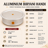 26-inch Aluminium Biryani Handi capacity guide and product specifications infographic featuring heavy-duty aluminium construction, 26-inch diameter, 7.5-inch height, 6 kg rice capacity, 6 kg chicken capacity, and serves approximately 45–50 people. Suitable for biryani, pulao, curries, catering, restaurants, hotels, bulk cooking, functions, and home use.