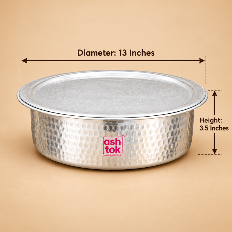 Aluminium Biryani Handi with Lid size guide displaying a traditional round hammered aluminium cooking vessel measuring 13 inches in diameter and 3.5 inches in height. The image includes clearly marked measurement arrows showing the width across the vessel and the height of the handi body. The cooking pot features a wide circular opening, matching flat aluminium lid, silver metallic finish, hammered exterior texture.