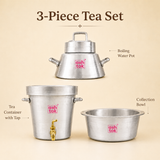 Ashtok 3-piece aluminium Irani chai tea set displaying the boiling water pot, tea container with a brass tap, and collection bowl.