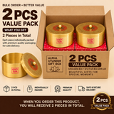 Product promotional graphic for the Ashtok Alpha Cylinder Gift Box 2 Pcs Value Pack. A cardboard box displays two round brass containers with engraved lids and red central accents, nestled side-by-side in red patterned gift boxes. On the lower left, a single container is displayed open next to its lid. Text overlays prominently feature "2 PCS VALUE PACK", "2 Pieces in Total", "ALPHA CYLINDER GIFT BOX", and feature icons for 2 Pcs in Total, Individually Packed, Premium Quality, and Safe & Secure Delivery.