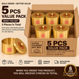 Bulk promotional banner graphic for the Ashtok Alpha Cylinder Gift Box 5 Pcs Value Pack. A large cardboard shipping box is packed densely with 100 round brass gift boxes featuring engraved lids with red central accents. In the lower left foreground, a single brushed brass container is shown open alongside its lid. Text overlays include "BULK ORDER • BETTER VALUE", "5 PCS VALUE PACK", and "5Pieces in Total", supported by icons indicating bulk quantity, individual packaging, premium quality, and secure