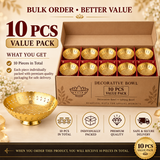 Product promotional banner for the Ashtok Brass Decorative Bowl 10 Pcs Value Pack. An open cardboard shipping carton reveals ten golden brass decorative bowls with cutout rim detailing arranged in two neat rows of five. An individual sample bowl is displayed on the bottom left. Text overlays feature "BULK ORDER • BETTER VALUE", "10 PCS VALUE PACK", "DECORATIVE BOWL", and value badges covering individual packaging, premium quality, and secure shipping.