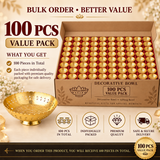Bulk order promotional graphic for the Ashtok Brass Decorative Bowl 100 Pcs Value Pack. A large shipping box is neatly filled with 100 round brass bowls featuring scalloped edges and pierced decorative patterns. A single brass bowl sits in the lower-left corner. Promotional text headers display "BULK ORDER • BETTER VALUE" and "100 PCS VALUE PACK" alongside four key service badges.