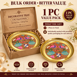 Product marketing graphic for the Ashtok Brass Decorative Tray 1 PC Value Pack. On the left, an open decorative gift box with gold interior shred displays a round peacock Meenakari brass tray, with a second matching tray positioned on the right against a warm backdrop with satin ribbons and beads. Headline text reads "1 PC VALUE PACK" and "DECORATIVE TRAY", with bottom feature badges highlighting 1 Pc in Total, Individually Packed, Premium Quality, and Safe & Secure Delivery.