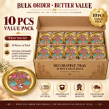 Product promotional graphic for the Ashtok Brass Decorative Tray 10 Pcs Value Pack. An open shipping box holds ten round peacock enamel trays arranged neatly in two rows of five inside individual gift packaging boxes. A loose sample tray is featured on the bottom left. Promotional text overlays state "10 PCS VALUE PACK", "DECORATIVE TRAY", and "Serving Tray • Gifting Tray", backed by service quality icons.