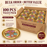 Promotional banner graphic for the Ashtok Brass Decorative Tray 100 Pcs Value Pack. A large cardboard shipping box is filled with 100 round brass peacock trays in protective compartments. In the lower left foreground, an individual tray is displayed. Bold typography reads "100 PCS VALUE PACK" and "DECORATIVE TRAY", supported by four service icons for quantity, individual packaging, premium quality, and safe delivery.
