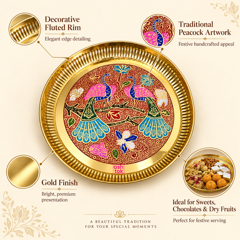 An informative marketing graphic highlighting key features of the Ashtok brass decorative tray. Four visual callouts emphasize the "Decorative Fluted Rim" with elegant edge detailing, "Traditional Peacock Artwork" featuring festive handcrafted enamel appeal, a bright "Gold Finish", and an inset photo showing the tray filled with sweets, chocolates, and dry fruits titled "Ideal for Sweets, Chocolates & Dry Fruits".
