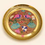 Gift Item, Brass Plate for Pooja Engraved Printed Peacock Design Inside (Dia 7 Inches)