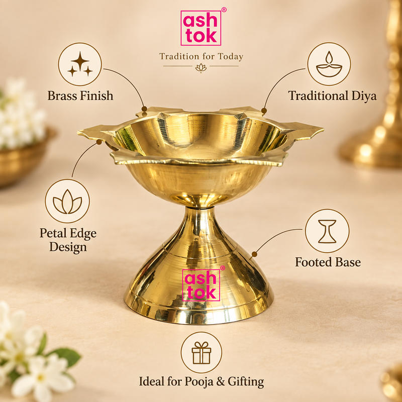 Ashtok brass diya features image highlighting brass finish, traditional diya design, petal edge design, footed base and suitability for pooja and gifting on a beige background.