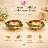 Features image of ASHTOK brass diya pack of 2 highlighting premium brass finish, traditional craftsmanship, textured outer design and suitability for pooja and gifting