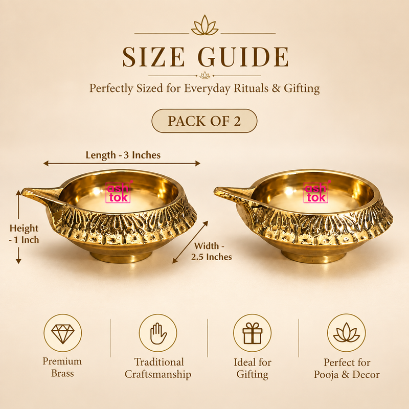 ASHTOK brass diya size guide image for pack of 2, showing length 3 inches, width 2.5 inches and height 1 inch, displayed on a beige background.