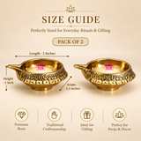 ASHTOK brass diya size guide image for pack of 2, showing length 3 inches, width 2.5 inches and height 1 inch, displayed on a beige background.