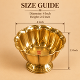 Product size guide graphic displaying the dimensions of the Ashtok brass flower bowl, showing a top rim diameter of 4 inches and a overall height of 2.5 inches with measurement arrows over an empty brass bowl.