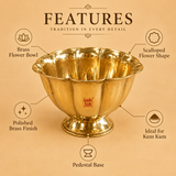 Informational product feature diagram highlighting key details of the Ashtok brass bowl, including its scalloped flower shape, brass flower bowl construction, high-gloss polished brass finish, stable pedestal base, and ideal usage for holding kumkum.