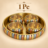 1 Pc ASHTOK brass gift tray with 4 matching lidded bowls in a decorative multi-tone metallic finish, suitable for serving dry fruits, sweets and snacks and for elegant gifting.