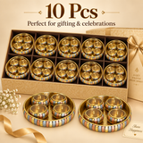 10 Pcs pack of ASHTOK brass gift tray sets with 4 matching bowls and lids, arranged in premium gift packaging, ideal for gifting, celebrations, return gifts and special occasions.
