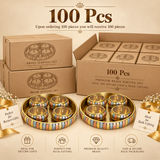 100 Pcs bulk pack of ASHTOK brass serving tray sets with 4 lidded bowls, shown with carton packaging and sample sets, suitable for return gifts, bulk gifting, weddings, events and festive occasions.