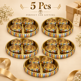 5 Pcs ASHTOK brass gift tray set with 4 matching lidded bowls, displayed together on a beige background, ideal for festive gifting, family functions, return gifts and celebration use.