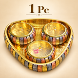 1 Pc ASHTOK brass gift tray set with three matching lidded bowls, featuring a hammered golden surface, decorative gold copper and silver-toned pattern and pink ASHTOK logo, suitable for gifting and elegant serving.