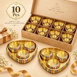 10 Pcs quantity option of the ASHTOK brass gift tray with 3 matching lidded bowls, presented as a premium gifting pack with decorative multi-tone metallic finish for weddings, celebrations, return gifts and special occasions.