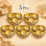 5 Pcs quantity option of ASHTOK brass gift tray and bowl sets, showing five complete decorative multi-tone tray sets with three lidded bowls each, designed for gifting, return gifts, festive functions and celebration giveaways