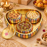 ASHTOK brass gift tray with three decorative bowls used for serving almonds, cashews and mukhwas in an elegant festive setting, showing how the traditional multi-tone tray and bowl set can be used for dry fruits, sweets, snacks and guest serving.
