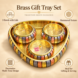 
Features of ASHTOK brass gift tray set with 3 lidded bowls, highlighting the hammered texture, decorative multi-tone metallic design, matching serving bowls with lids and elegant presentation suitable for gifting, festive serving, return gifts and special occasions.