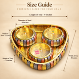 ASHTOK brass gift tray and 3 bowls size guide showing tray length 9 inches, tray width 8 inches, tray height 1.5 inches, bowl diameter 3 inches and bowl height 1.2 inches, with the decorative multi-tone brass serving set displayed on a beige background