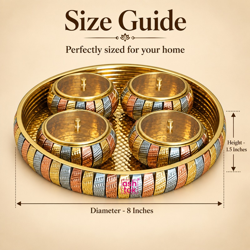 ASHTOK brass gift tray size guide showing tray diameter 8 inches and tray height 1.5 inches, featuring a round brass tray with 4 matching lidded bowls in a decorative multi-tone metallic finish on a beige background.