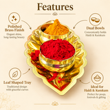 ASHTOK brass haldi kumkum tray feature image highlighting the polished brass finish, decorative leaf-shaped tray, two separate brass bowls for haldi and kumkum, and traditional design suitable for pooja, festivals, ceremonies and gifting.