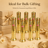 Group of six Ashtok brass incense holders arranged with gift boxes and bags for housewarming or festive return gifting.
