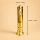 Ashtok brass incense stick holder displayed with dimensions showing 3 inches diameter and 11 inches height.