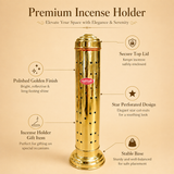 Product feature graphic highlighting key benefits of the Ashtok brass incense holder including star perforated design, polished finish, secure lid, and stable base.