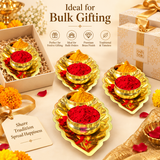 ASHTOK brass kumkum tray bulk gifting presentation showing multiple leaf-shaped brass trays with dual bowls for red kumkum and yellow haldi, ideal for weddings, festivals, return gifts, pooja gifting, festive giveaways and bulk orders.