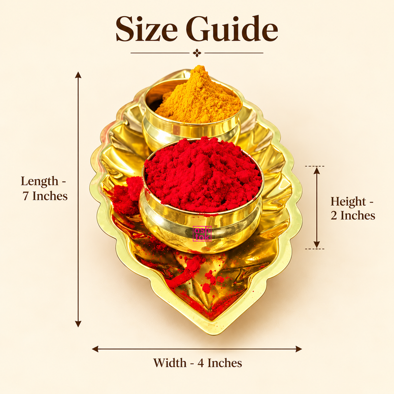 ASHTOK brass kumkum tray size guide showing 7 inch length, 4 inch width and 2 inch height, featuring a polished brass leaf-shaped tray with two round bowls for red kumkum and yellow haldi, designed for pooja, festive rituals and traditional ceremonies.